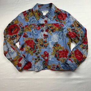 Coldwater Creek Floral Button-Up shacket in Denim Blue & Red size PM